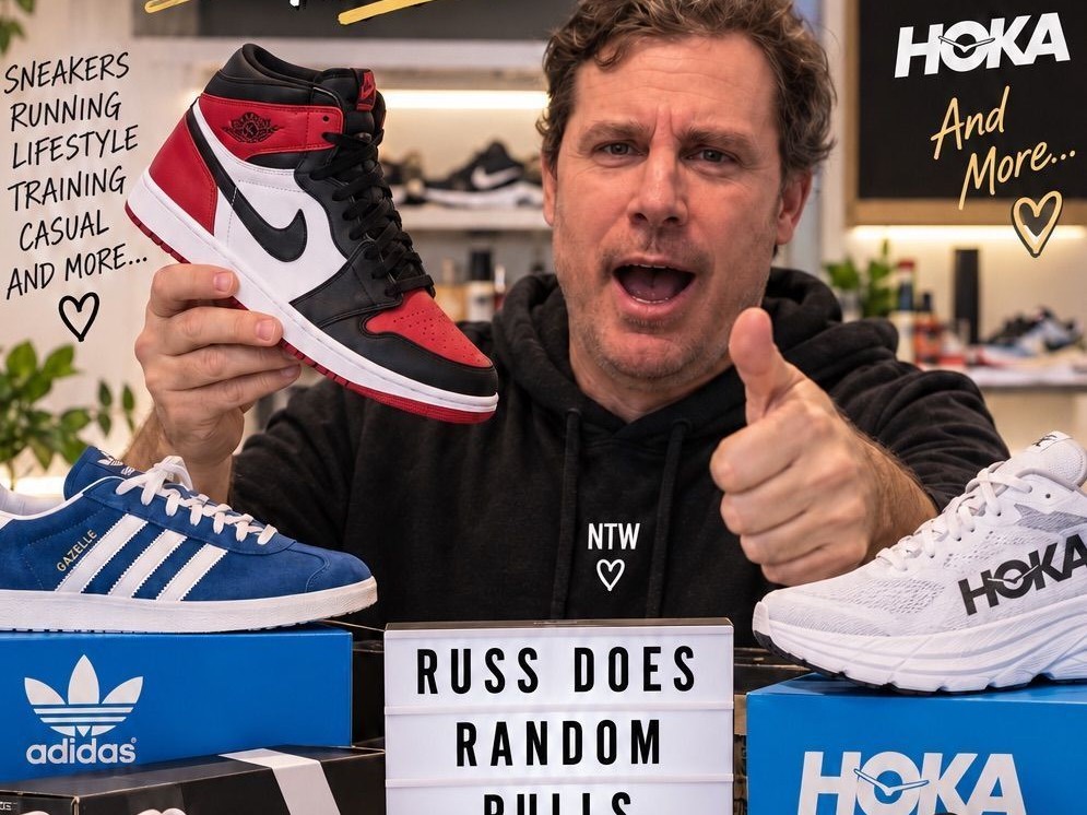 Real sneaker inventory from an NTW shoe show — Jordan 1, Adidas Gazelle, Hoka, and Nike Dunk